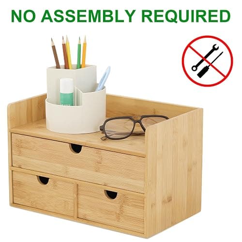 Wisuce Bamboo Desk Organizer, Mini Desktop Drawer Tabletop Storage Organization Box for Office Home Toiletries Supplies Vanity, No Assembly Required (3 Drawer with Shelf) thumbnail 4