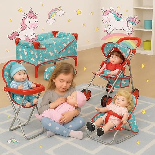 Fash n kolor® 4 Piece Doll Play Set, Doll Accessories Gift, Toy Set -Unicorn Design Includes, Doll Foldable Bed, Doll Stroller, Doll High Chair and Doll Seat, Dolls Gift Set (4 Piece Set) thumbnail 2