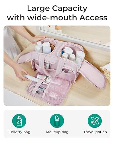 BAGSMART Travel Toiletry Bag, Crush Toiletry Bag for Women, Wide-open Puffy Toiletry Bags for Traveling, Large Travel Cosmetic Makeup Bag Organizer for Accessories,Toiletrie, Pink | Lightweight, Large, Wide-open, Puffy, Organizer, with Handle, for Accessories, for Essentials, for Toiletries, Pink thumbnail 3