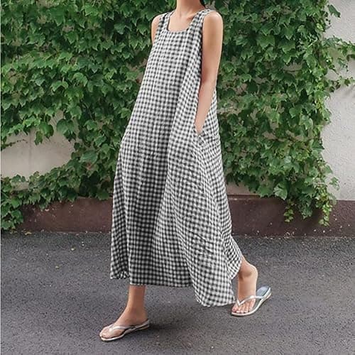 chouyatou Women's Summer Casual Loose-Fit Cotton Plaid Tank Maxi Dress with Pockets Boho Beach Sundress thumbnail 2