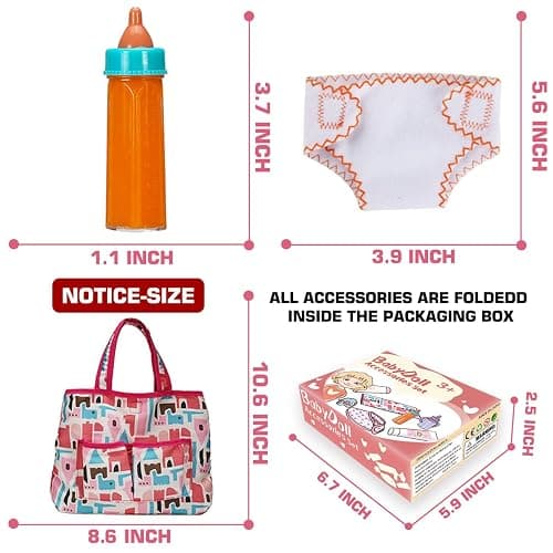 14 Pack Baby Doll Accessories, Baby Doll Feeding and Caring Set Includes Diaper Bag, Doll Diapers, Magic Bottle, Changing Mat for Girl Toddler Kid, Babies Pretend Play Set for Birthday Gift Christmas thumbnail 3