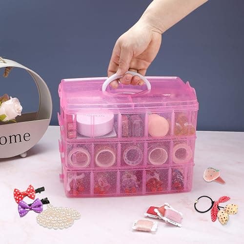 SGHUO 3-Tier Pink Craft Storage Container, Stackable Organizer Box with Dividers for Art Supplies, Beads, Washi Tapes, Seed, Hair Accessories, Nail, 9.5X6.5X7.2in thumbnail 6