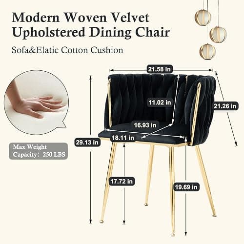 NIOIIKIT Modern Velvet Dining Chairs Hand Weaving Accent Chairs Living Room Chairs Upholstered Side Chair with Golden Metal Legs for Dining Room Kitchen Vanity Living Room (Black) thumbnail 2