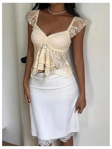 Verdusa Women's Y2k Going Out Tops Floral Lace Cap Sleeve T Shirts Ruched Layered Ruffle Vintage Crop Tops thumbnail 5
