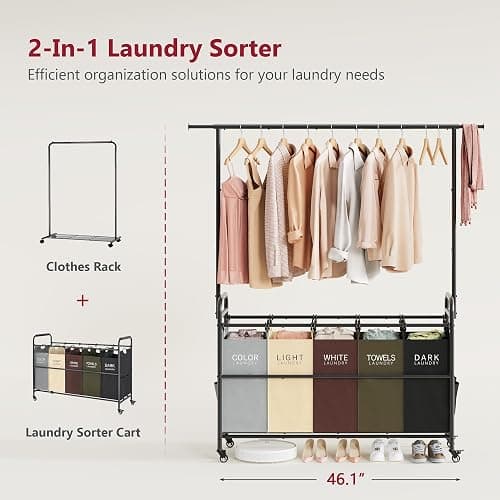 Tajsoon Laundry Sorter Cart with Hanging Rack, 5 Section Laundry Hamper, 246L (65 Gal.) Laundry Basket with Wheels, Removable Hamper Organizer for Dirty Clothes Bathroom Cloakroom, 5 Colors thumbnail 3
