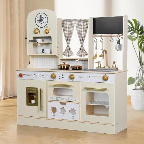 EDUBEBO Kids Kitchen playset, Wooden Play Kitchen, Height Adjustable, Comes with Various Kitchen Accessories, Ideal Role Play Toy Gift for Toddlers and Kids Ages 3-8 (White) thumbnail 2