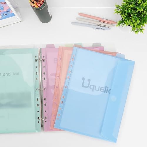 Uquelic A4 Binder, Folio Document Organizer, 3 Ring Folder Letter Size | Cute 12-Pocket Life Binder for Paper, Files, Photos, Letters, Cards (Clear-Macaron) thumbnail 6