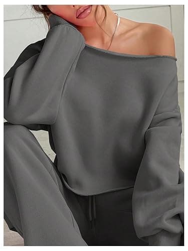 SOLY HUX Women's 2 Piece Outfits Fall Sweatsuits Off The Shoulder Crop Top Wide Leg Sweatpants Casual Matching Lounge Sets thumbnail 5