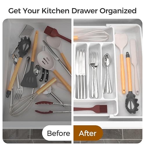 ukeetap Extra Large Expandable Silverware Organizer, BPA-Free Food-Safe Cutlery Flatware Organizer, Kitchen Utensil Drawer Organizer, Adjustable Silverware Holder for Spoons Forks Knives, White thumbnail 6