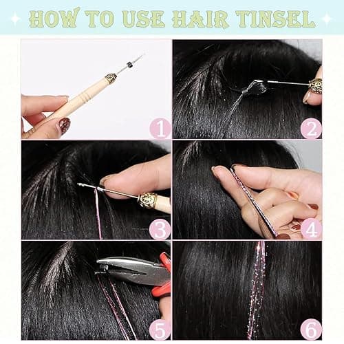 Hair Tinsel,18 Colors Hair Tinsel Kit for Girls 7600 Strands Fairy Tinsel Hair Extensions Holographic Hair Tinsel Heat Resistant Colored Hair Glitter Christmas Party Festival (18 Colors) thumbnail 7