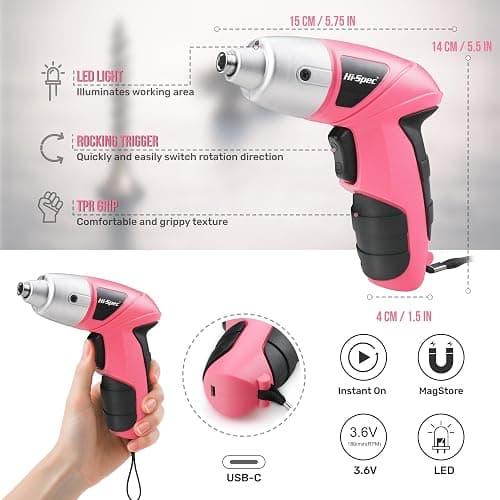 Hi-Spec Small Electric Screwdriver, Mini Drill Set, Rechargeable 3.6V Cordless Screwdriver with 26 Driver Bits, Power Tool for Small Projects & Home Use, Pink thumbnail 4