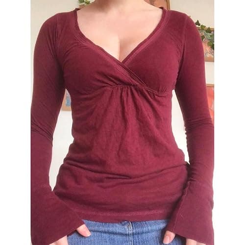 Women Fairy Grunge Aesthetic Shirts Tops Long Sleeve V Neck Tops Girl Basic Slim Fit Blouse Streewear thumbnail 2