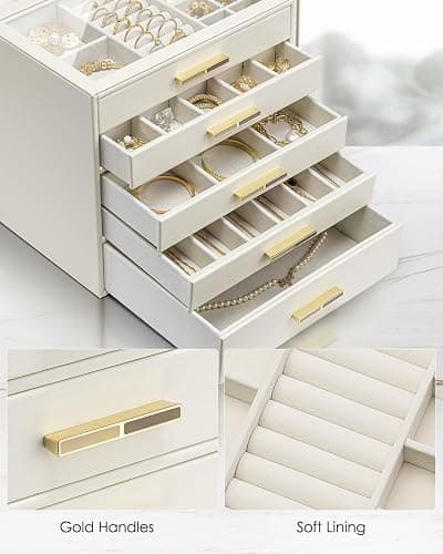 Vlando 5 Layer Jewelry Box for Women, Glass Lid Jewelry Organizer with 5 Drawers for Necklaces Rings Earrings Bracelets - Cloud White thumbnail 5