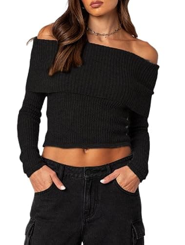 UAURORAO Womens Off The Shoulder Sweater Long Sleeve Knitted Cropped Trendy Pullover Slouchy Fold Over Jumper Tops - Image 1
