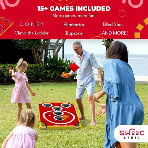 SWOOC Games - Coney Island Toss™ - Arcade Style Cornhole Board Set w/Carrying Case & 15+ Games - Corn Hole Games for Adults - Kids Bean Bag Toss Game - Kids Cornhole Set w/Bags - Outdoor Yard Games thumbnail 3