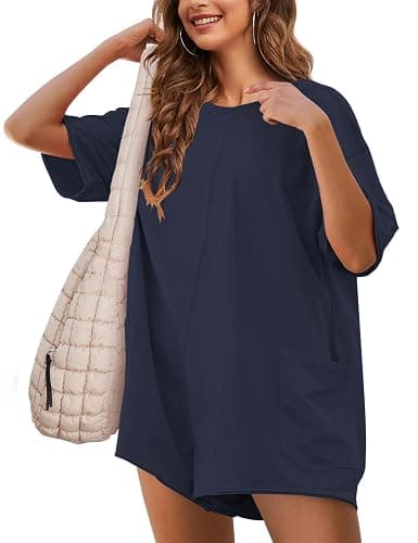 LTSCNRM Womens Tee Rompers Casual One Piece Hot Shot Oversized Overall Short Sleeve Reversible Athletic Workout Pockets - Image 1