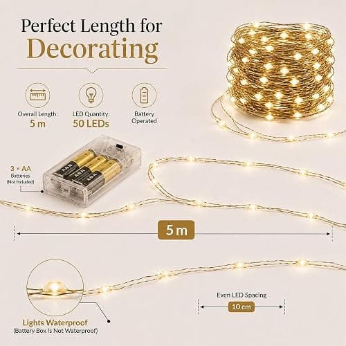 HomlyPro LED Fairy Lights 5M 50 LEDs - Warm White Battery Operated String Lights, Bendable and Waterproof Copper Wire for Garden, Party, Wedding, Home, and Christmas Decorations thumbnail 2