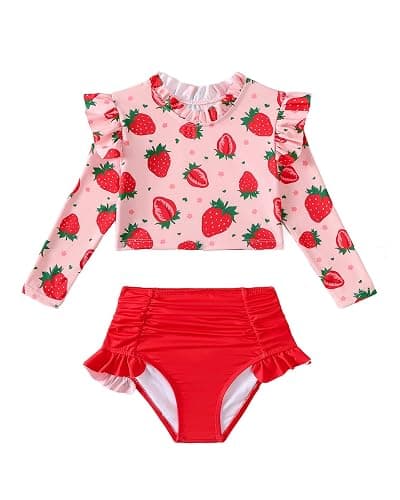 Mioglrie Toddler Girls Swimsuit Little Girls Long Sleeve Two Piece Ruffle Rash Guard Bathing Suit Kid Swimwear 2-6 Years - Image 1