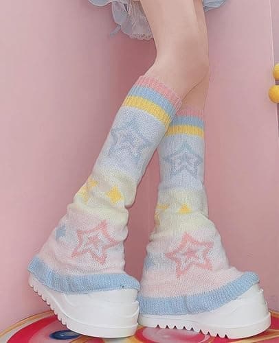 Leoparts Womens Knit Leg Warmers Y2K Star Pattern Flared Knee High Leg Sleeve Socks Goth Punk Harajuku Streetwear Leg Cover thumbnail 2