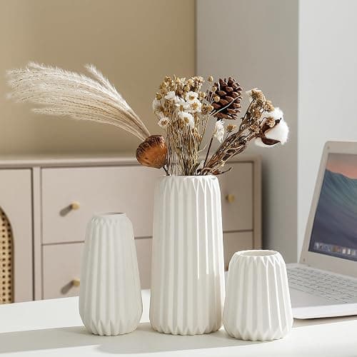 Sawoake Keramik Vasen Set von 3 - Weiße Matte Vasen für Pampasgras, Trockenblumen & Home Decor, Modernes Boho und Skandinavisches Design mit Natürlicher Textur（Wohnzimmer, Esszimmer, Hochzeitstisch） thumbnail 5