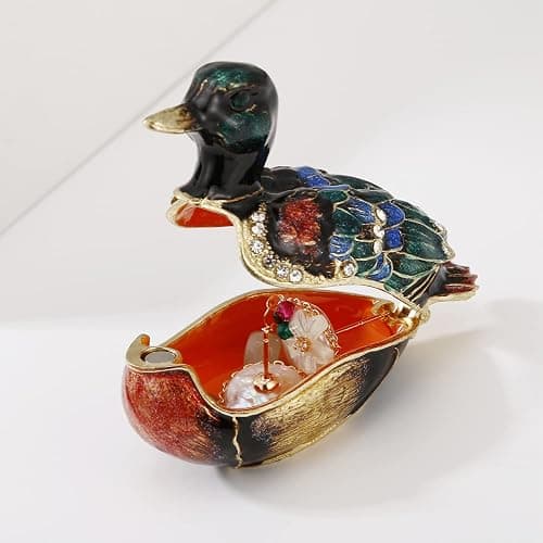 Hand Painted Enamel Duck Trinket Box for Home Decor, Hinged Jewelry Organizer for Ring Earrings, Unique Figurine Keepsake Collectible Personalized Elegant Handmade Ornament Gifts (Green Duck) thumbnail 3
