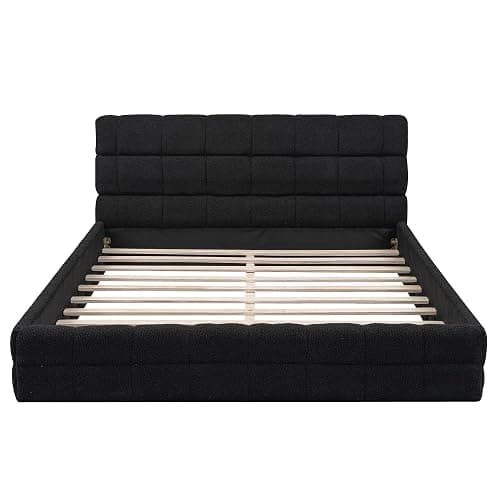 SOFTSEA Queen Size Upholstered Platform Bed Frame, Fleece Fabric Floor Platform Bed with Soft Headboard, Queen Grounded Bed Frame with Wood Slats for Kids Teens Adults, Easy Assembly (Black) thumbnail 5
