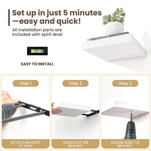 Fun Memories Floating Shelves for Wall - 12 Inch Square Shelves with Invisible Brackets, White Small Wall Shelf for Living Room, Bathroom, Bedroom, and Kitchen Decor，Set of 4 thumbnail 6
