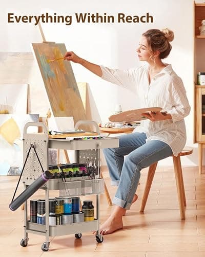 ALVOROG Rolling Cart with Drawer and Wood Table Top, 3 Tier Metal Rolling Utility Cart on Wheels with DIY Pegboards, Hanging Baskets, Hooks for Kitchen, Bedroom, Office, Craft Supplies thumbnail 7