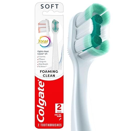 Colgate Total Active Prevention Foaming Clean Soft Toothbrushes, Soft Bristle Toothbrush Pack for Plaque Removal, Helps Reach Deeper Along The Gumline and Between Teeth, White, 2 Pack - Image 1