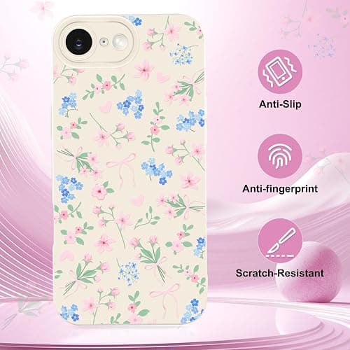 LEOMAKRON Case for iPhone 16 E,Cute Flower Pink Bow Heart for Women Girls,Soft Shockproof Aesthetic Protective TPU Bumper Floral Phone Case,White thumbnail 2