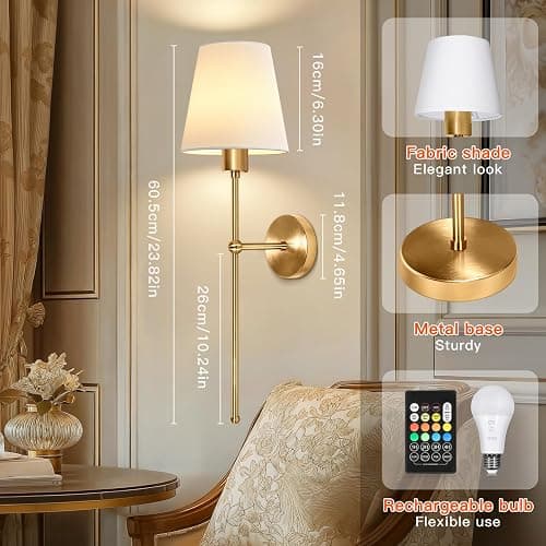 Ketom 2 Stück Wandleuchte Innen Akku, Wandlampe Innen LED Dimmbar, LED Wandleuchte Kabellos mit Fernbedienung, Timerfunktion, 3 Farbtemperaturen, 8 RGB Farben, Wandleuchte Ohne Stromanschluss, Gold thumbnail 6