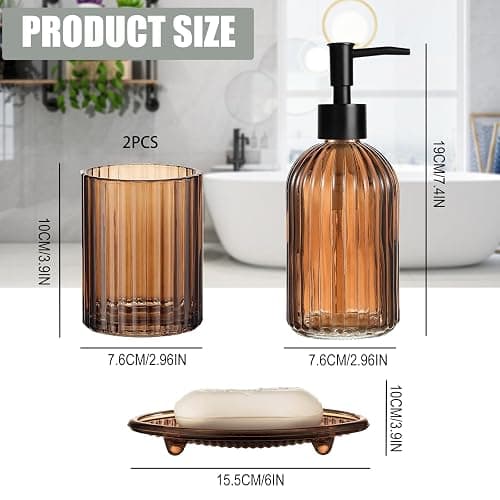 Brown Bathroom Accessories Set, Glass Bathroom Accessory Sets Complete Includes Soap Dispenser, Toothbrush Holder, Mouthwash Cup, Soap Dish for Bath Decor, Countertop Vanity Organize thumbnail 3
