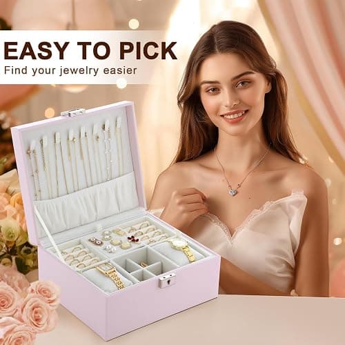 IBURTEN Jewelry Organizer Boxes for Women,Travel Jewelry Case, 2 Layers Removable Jewelry Box,Storage for Necklace, Bracelet, Earring,Rings,Jewelry Box Gifts for Women Girls thumbnail 3