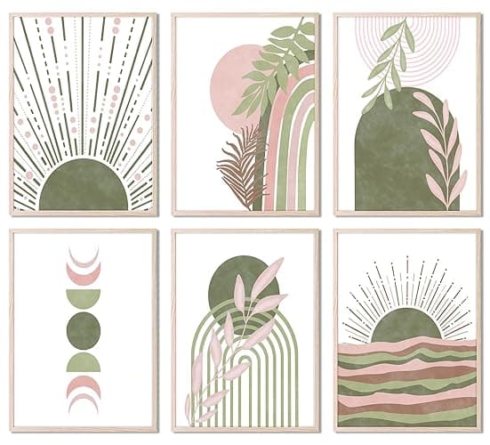 RETRART Sage Green Boho Wall Art, Minimalist Wall Art Wall Decor Geometric Line Leaf Sun Moon Beige Green Canvas Artwork Paintings, Abstract Botanical Sage Green Boho Room Decor - 8"x10" - Green