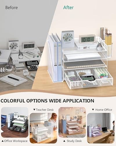 WALI Desk File Organizer, 4 Tier Desktop Paper Letter Tray Organizer with Drawer and 2 Pen Holders, Office Desk Accessories & Workspace Organizers for Office, Home Supplies(DO005DH-W), 1 Pack, White thumbnail 7