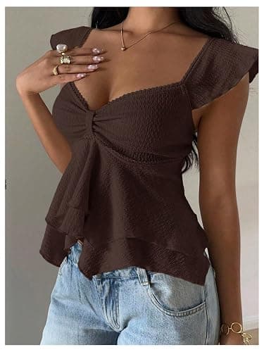 RoseSeek Women's Flowy Going Out Tank Top Sweetheart Neck Cap Sleeve Summer Ruffle Elegant Crop Tops thumbnail 3