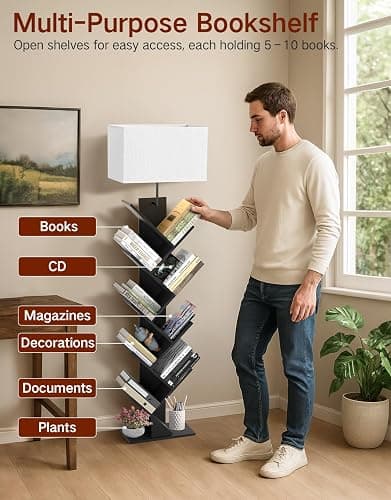 OUTONLIFE 9 Tier Tree Bookshelf with Light, Remote & Timer, Dimmable Tall Floor Book Shelf, Narrow Wood Bookcase, Small Book Organizer Shelves for Living Room, Bedroom, Home Office (Black) thumbnail 6
