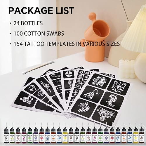 Temporary Tattoo Kit with 24 Bottles 12-Color Ink, 155 Tattoo Stencils | DIY Fake Tattoos for Adults, Men, Women, Teens, Perfect for Parties, Festivals, Body & Hand Painting thumbnail 6