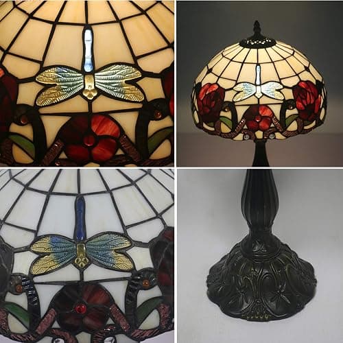 Lampe Tiffany Stil Tischlampe, Schreibtisch Schlafzimmer Lesung Bankierlampe, Beige Rot Buntglas Mediterran Libelle Lampenschirm, W12 H19 Zoll, Mission Nacht Wohnzimmer Tischleuchte,Resin base thumbnail 7