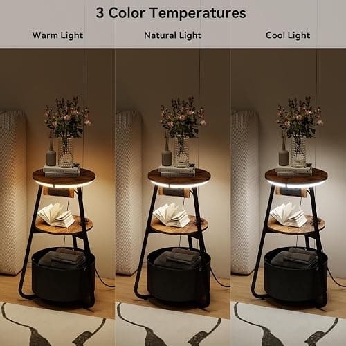 ARTETHYS Side Table with Charging Station, Small Round Coffee Table with 3 Colour LED Lights and Storage Basket, End Table with 3 Tier Shelves, Bedside Sofa Side Tables for Living Room Bedroom thumbnail 5