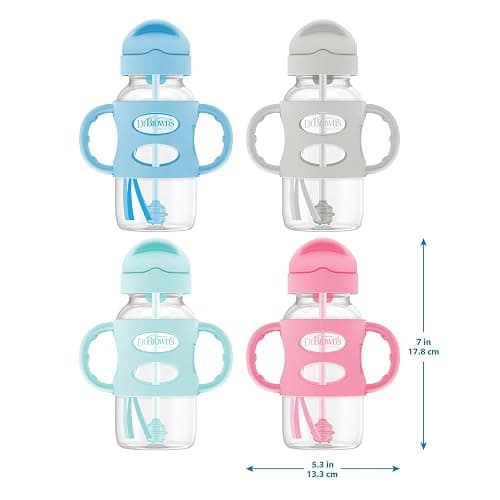 Dr. Brown's Milestones Wide-Neck Sippy Straw Bottle with 100% Silicone Handles and Weighted Straw, 9 oz/270 mL, Gray & Green, 6m+ - Gray & Green - 2 Count (Pack of 1) thumbnail 3