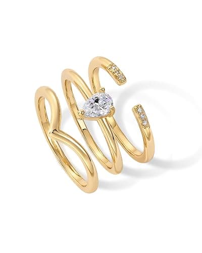 PAVOI 14K Gold Plated Stacking Rings for Women | Classy Design with Sparkling Cubic Zirconia Crystals & Opal | Everyday Jewelry thumbnail 3