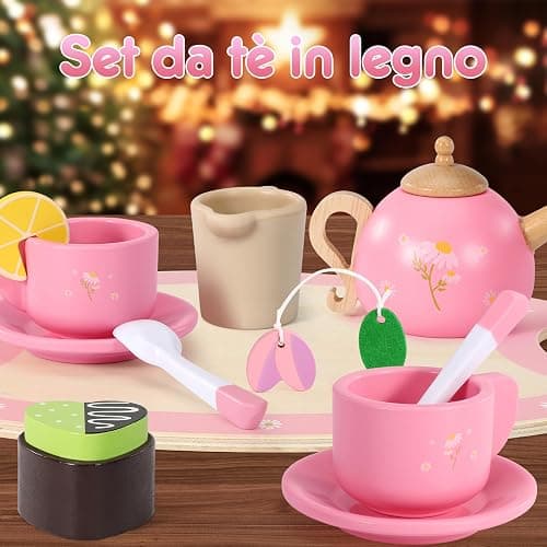 Seagoal Set da Tè di Legno, Cucina Giocattolo per Bambini, Giochi Regalo 3 4 5 Anni, Accessori da Torta Dessert Gioco di Ruolo thumbnail 3