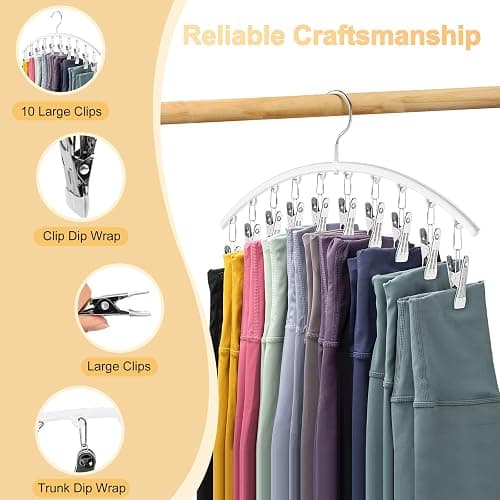 Legging Organizer for Closet, Metal Yoga Pants Hanger w/Rubber Coated 2 Pack w/10 Clips Hold 20 Leggings, Hangers Space Saving Hanging Closet Organizer for Closet Organizers and Storage-White thumbnail 8