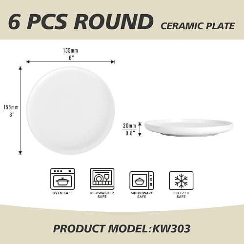 Ceramic Appetizer Plates Set of 6,Small Mini Dessert Plates 6 Inch,White Round Salad Plate,Porcelain Cake Plates for Waffle,Pie,Saucers,Snack,Cat Dishes,Microwave & Dishwasher Safe thumbnail 3