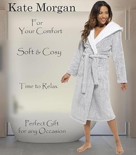 KATE MORGAN Ladies Dressing Gown Fluffy Super Soft Hooded Bathrobe for Women Plush Fleece Perfect Loungewear Long Robe | Gifts for Women thumbnail 9