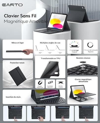 Earto Clavier iPad 10eme Generation/11 Generation A16(2025), Coque Clavier iPad 10eme Generation avec Touchpad, Eclairage 7 Couleurs, Rechargeable AZERTY, Noir thumbnail 3