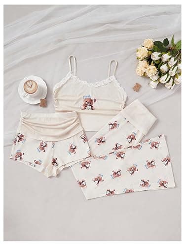 MakeMeChic Women's 3 Piece Pajama Set Cute Printed Lace Cami Crop Top and Pleated Shorts with Pants Sleepwear thumbnail 3