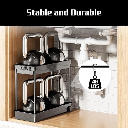 Cicilyna 2 Pack Under Sink Organizer, 2 Tier Bathroom Cabinet Organizers and Storage with Hook, Multi-purpose Storage Basket Shelf for Kitchen, Black thumbnail 5