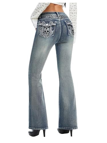 WDIRARA Women's Low Rise Flare Jeans Embroidery Rhinestone Bell Bottom Denim Pants - Image 1